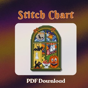 May include: A cross stitch pattern titled Stitch Chart PDF Download featuring an arched window view. The design includes a witch on a broom, a turkey, ghosts, a black cat, a jack-o'-lantern, and a bowl of apples against a fall landscape.