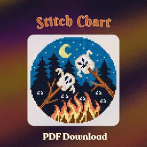 May include: A cross stitch pattern titled Stitch Chart PDF Download featuring a circular pixel art design of two white ghosts roasting on sticks over a campfire in a dark forest with a yellow crescent moon and white stars in a blue night sky.