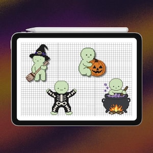 May include: A digital tablet displaying a cross-stitch pattern on a grid. The design features four light green figures: one wearing a witch hat and holding a broom, one with a pumpkin, one in a skeleton costume, and one stirring a black cauldron.