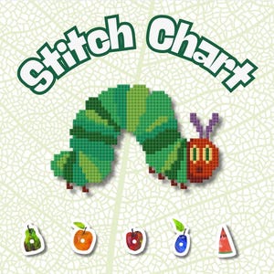 May include: A colorful stitch chart featuring a pixelated green caterpillar with a red face and purple antennae. The words "Stitch Chart" are in green above the caterpillar. Below are illustrations of fruits.
