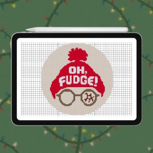 May include: A digital cross-stitch pattern displayed on a tablet screen. The design features a red winter hat with a pom-pom, brown round glasses with a cracked lens, and the white text "OH, FUDGE!" centered on a light beige circular grid.