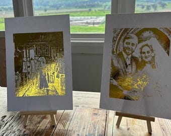Golden Anniversary Gold Foil Portrait: Personalized Wedding Photo Art Illustration.