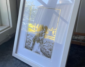 Golden Anniversary Gold Foil Portrait: Personalized Wedding Sketch Photo Art Illustration.