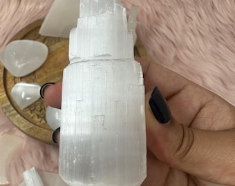 Natural Selenite Satin Spar Raw Twin Point Tower Crystal Healing Metaphysical Semi Precious Stone
