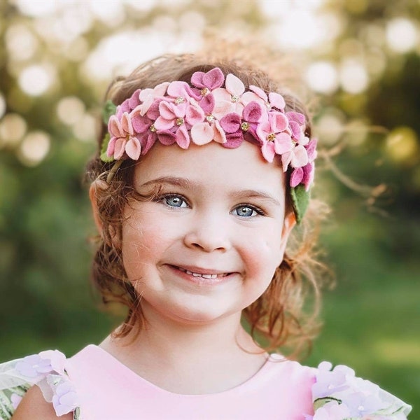 Pink hydrangea flower headband, Pink hydrangea headpiece, Pink Purple flower hydrangea crown, Felt flower Baby toddler girl headband crown