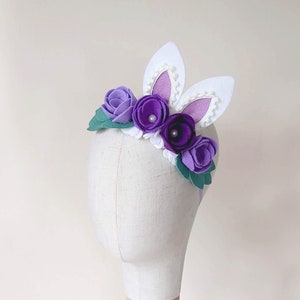 Bunny ears headband, bunny headband, Easter headband, Purple Flower crown Headband, first easter outfit, felt flower little girl headband