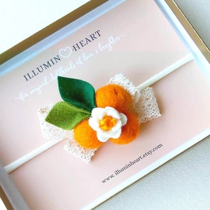Orange fruit Headband, Orange floral headband, tropical fruit headband, pom pom headband, fruit headband, lace baby headband, lace hair bow