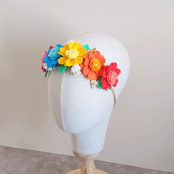 Couronne de fleurs arc-en-ciel, bandeau pour bébé arc-en-ciel, couronne de fleurs Boho, casque de festival arc-en-ciel, bandeau de petite fille en feutre de bébé de fleur