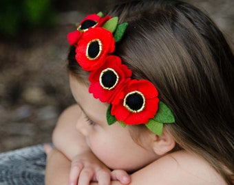 Red Poppy headband, poppy flower crown, poppy flower headband, autumn flower crown, fall flower crown, felt flower headband, red poppies