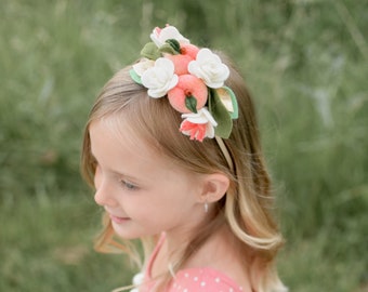 Peach flower crown, peach fruit headband, fruit headpiece, fruit hair clip, baby felt flower headband, Peach first birthday crown headband