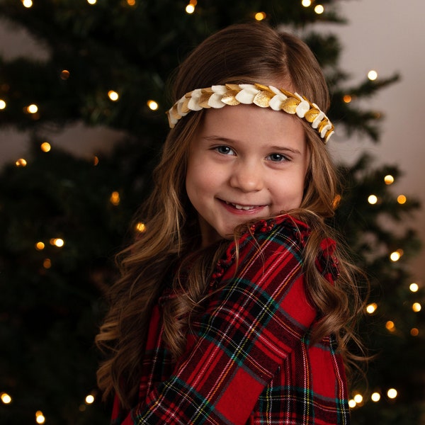 Gold leaf headband, Gold christmas crown, Ivory holiday crown, baby head band, Gold leaf crown, Ivory christmas flower crown, soft headband