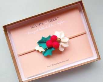 Holly Berry Felt Headband: Christmas Flower Hair Clip
