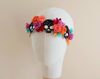 Skull headpiece, Dia de los muertos headpiece headband crown, Day of the dead headpiece flower crown, Sugar skull flower crown headband