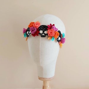 Tocado de calavera, corona de diadema de tocado del Día de los muertos, corona de flores de tocado del Día de los muertos, diadema de corona de flor de calavera de azúcar