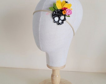 Skull headpiece, Dia de los muertos headpiece headband crown, Day of the dead headpiece flower crown, Sugar skull flower crown headband