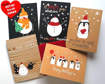 Christmas cards boxed set, Christmas cards pack, Funny Holiday cards, fun christmas cards, Christmas penguin card, Snowman christmas card