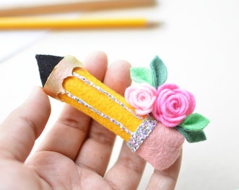 Pencil hair bow, Back to school bows, Pencil Hair Clip, First day of school bow, girls pencil bow, felt bow headband, felt flower hair clip