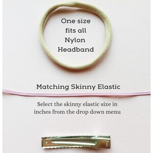 May include: A close-up of a hair accessory set with a nylon headband, a skinny elastic hair tie, and an alligator hair clip. The headband is one size fits all. The elastic hair tie is available in various sizes. The alligator hair clip is a standard size.