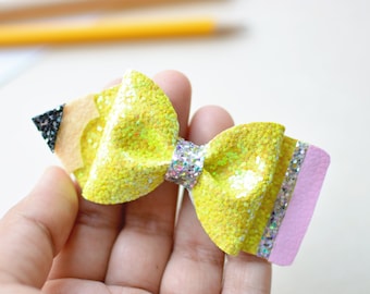 Pencil hair bow, Back to school bows, Pencil Hair Clip, First day of school bow, girls pencil bow, felt bow headband, felt flower hair clip