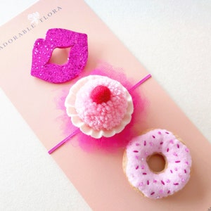Cupcake headband, Donut hair clip, Donut bows, Donut headband, kiss valentine hair clip, baby Valentines headband, felt bow headband giftset
