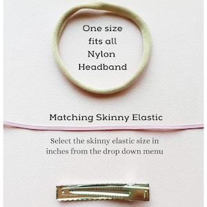 May include: A close-up of a hair accessory set with a nylon headband, a skinny elastic hair tie, and an alligator hair clip. The headband is one size fits all. The elastic hair tie is available in various sizes. The alligator hair clip is a standard size.