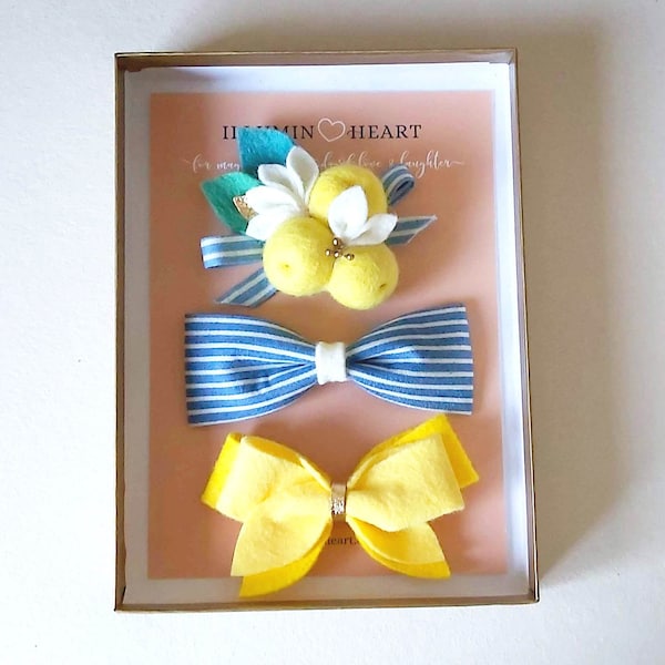 Bandeau d’arc de bébé de petite fille de citron, bandeau de fruit d’été, bandeau de Pom pom, arc bleu de denim, bandeau floral de feutre, pinces à cheveux