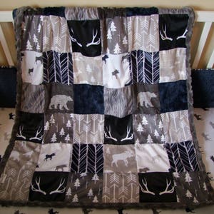 Navy Gray Woodland Minky Blanket  -  Designer Bedding - Woodland Bedding - Deer Blanket -Woodland Bedding -Navy Gray Blanket