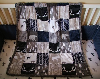 Navy Gray Woodland Minky Blanket  -  Designer Bedding - Woodland Bedding - Deer Blanket -Woodland Bedding -Navy Gray Blanket