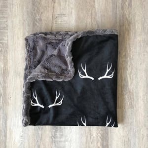 Woodland Minky Blanket -   Designer Bedding - Woodland Bedding - Antler Blanket -Antler Bedding -Black Gray Blanket