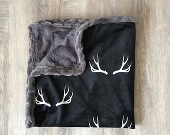 Woodland Minky Blanket -   Designer Bedding - Woodland Bedding - Antler Blanket -Antler Bedding -Black Gray Blanket