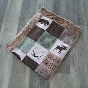 Adventure Awaits Patchwork Blanket - Adventure Bedding - Woodland Bedding - Green Brown Bedding - Moose Blanket - Bear Blanket - Designer -