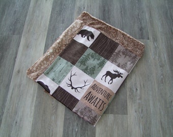 Adventure Awaits Patchwork Blanket - Adventure Bedding - Woodland Bedding - Green Brown Bedding - Moose Blanket - Bear Blanket - Designer -