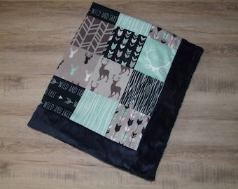 SHIPS Today - Navy Deer Blanket - Newborn Blanket - Woodland Bedding - Antler Blanket- Deer Blanket - Woodgrain - Designer -