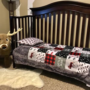 Little Man Blanket - Toddler Bedding - Woodland Bedding - Buffalo Plaid Bedding - Moose Blanket - Happy Camper - Designer -