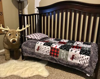 Little Man Blanket - Toddler Bedding - Woodland Bedding - Buffalo Plaid Bedding - Moose Blanket - Happy Camper - Designer -