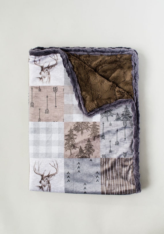 Rustic Buck Minky Blanket - Woodland Patchwork - Woodland Bedding - Deer Bedding - Woodgrain Blanket -Deer Minky Blanket - Designer Blanket