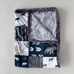 Woodland Patchwork Minky Blanket  -  Designer Bedding - Woodland Bedding - Moose Blanket -Woodland Bedding -Navy Gray Blanket -