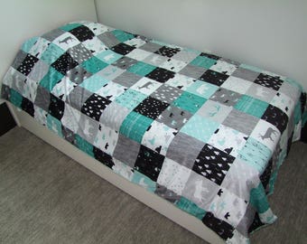 Woodland Minky Blanket -  Designer Bedding - Woodland Bedding - Antler Blanket -Antler Bedding -teal Black Gray Blanket