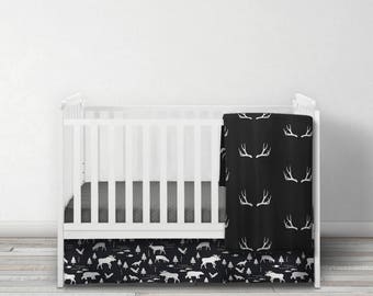 Woodland Minky Blanket -  Designer Bedding - Antler Bedding - Black Gray Bedding - Deer Blanket - Woodland Bedding -