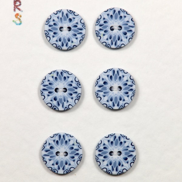 Boutons bleus et blancs style Delft, 13 mm - lot de 6. Boutons en pâte polymère