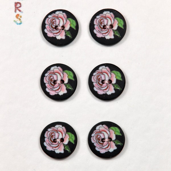 13mm Pink Rose Buttons - pack of 6.   Polymer clay flower buttons