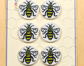 Manchester Bee Buttons.  Set of 6 medium Worker Bee buttons in polymer clay.