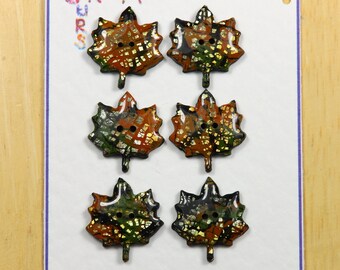 Maple Leaf Buttons - set of 6 in polymer clay with metallic crackle.  Leaf buttons in polymer clay.