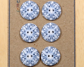 Lot de 6 boutons style Delft, 19 mm, bleu et blanc en pâte polymère