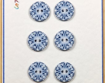 13mm Delft style blue and white buttons - pack of 6.   Polymer clay buttons