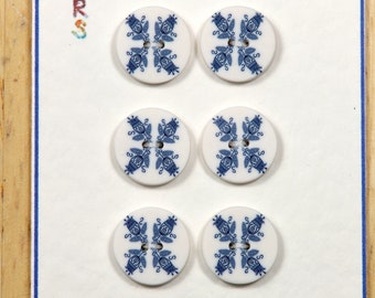 Delft Style Tulip Buttons 15mm set of 6.  Polymer Clay Buttons in Blue and White