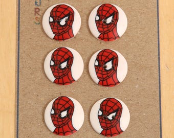 Spiderman Buttons - set of 6 Polymer Clay Buttons in domed profile.  19mm and 23mm diameter Super hero fasteners.