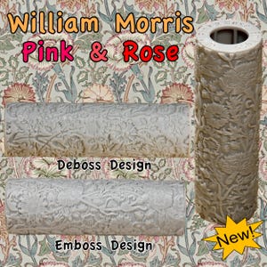 May include: A set of William Morris Pink & Rose design paint rollers. The image shows a deboss and emboss design roller, and a cylindrical roller with a floral pattern. The word "New!" is in a yellow starburst.