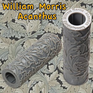 May include: Two grey paint rollers with a repeating pattern of stylised leaves. The rollers are labelled "William Morris - Acanthus" and "Cordalivours".