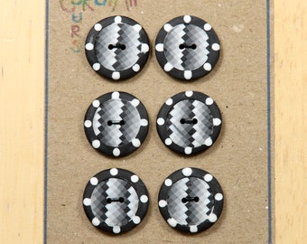 Pack de 6 boutons noirs, blancs et gris en pâte polymère.